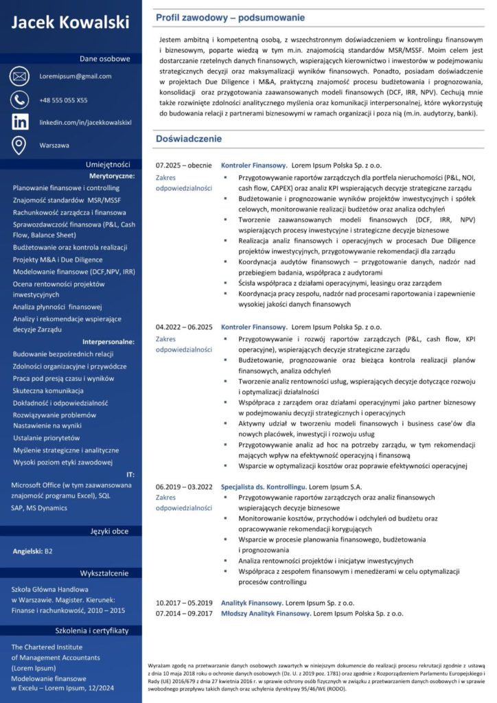 kontroler finansowy - wzór cv