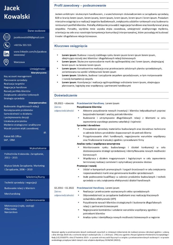wzór cv przedstawiciela handlowego