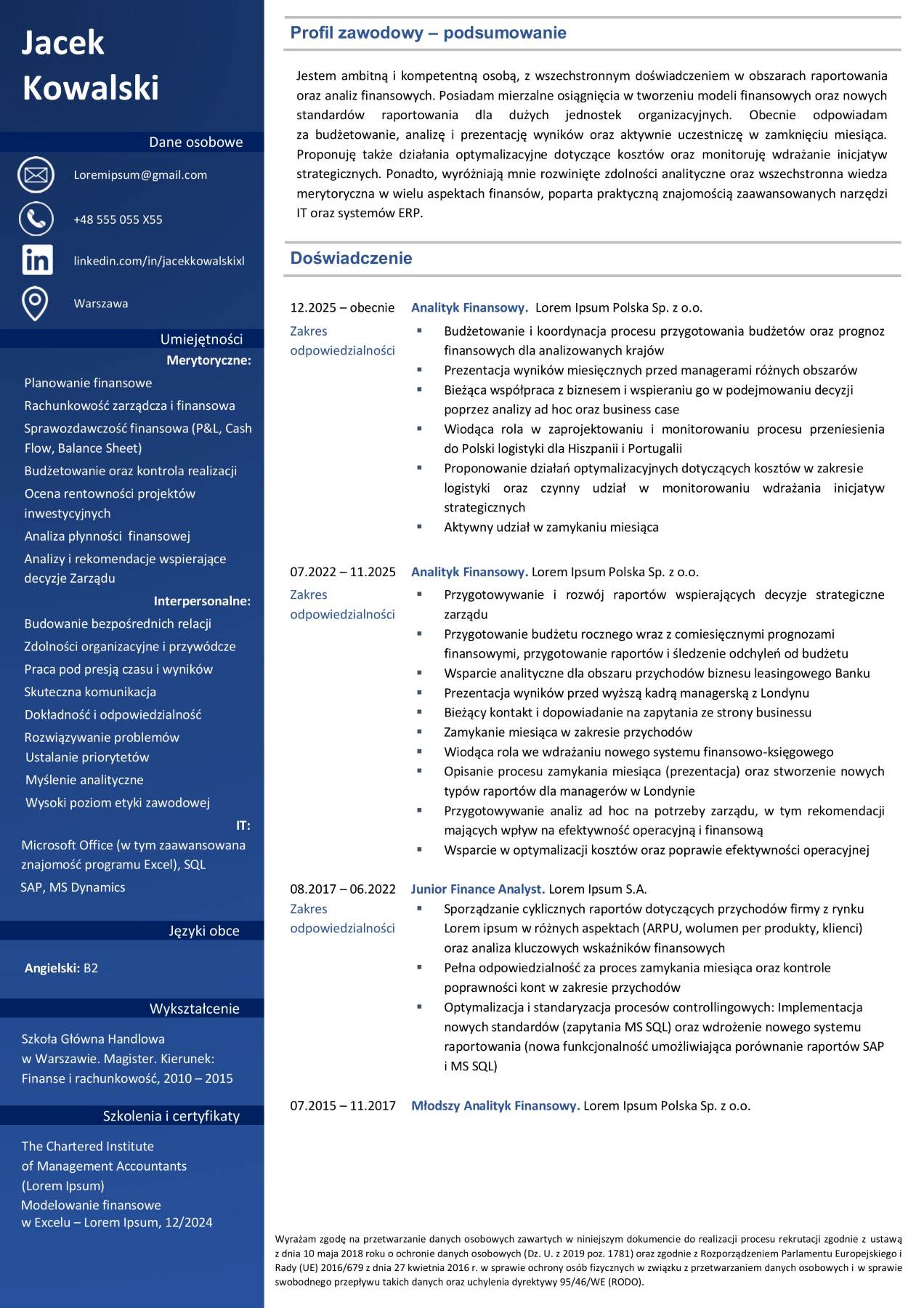 wzór cv - analityk finansowy