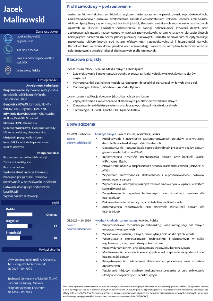 wzór cv analityka danych
