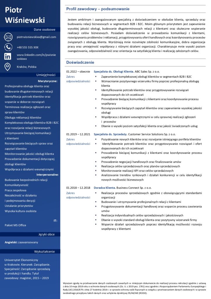 wzór CV dla specjalisty ds. obsługi klienta